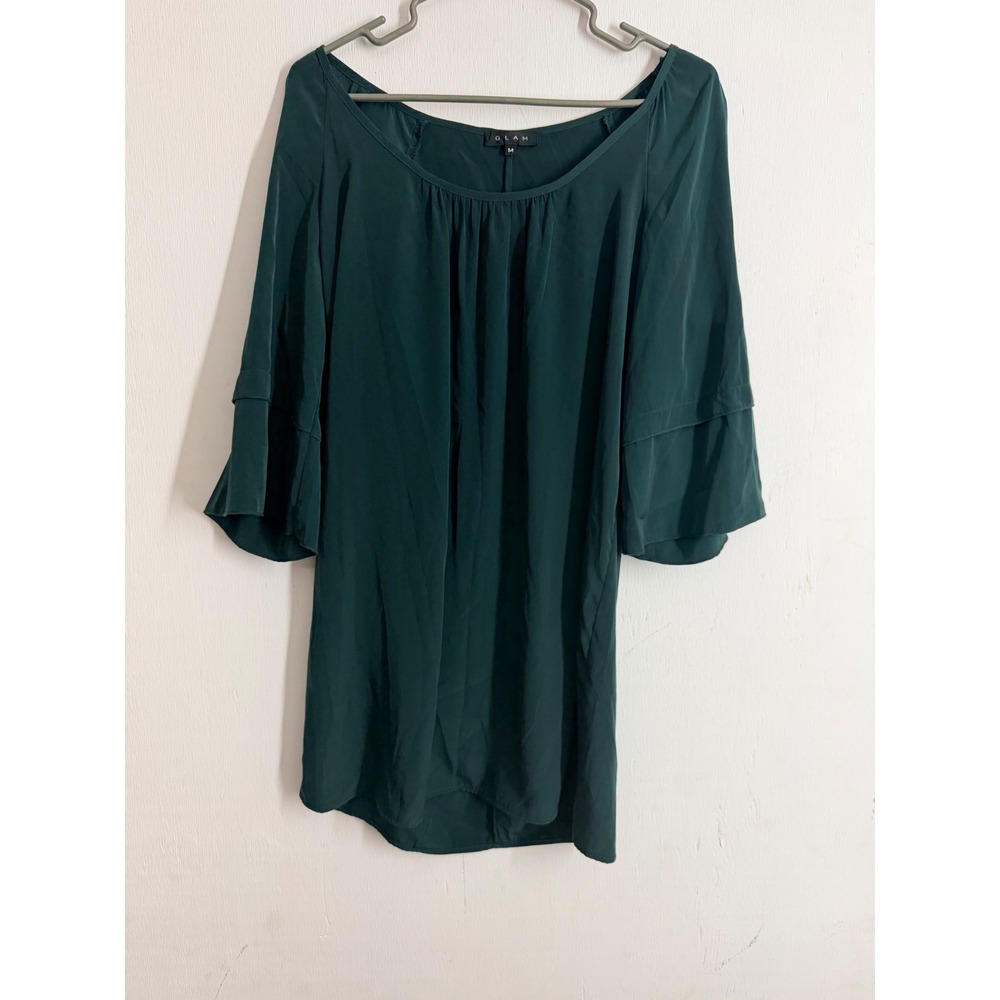 GLAM Womens Green Cold Shoulder Bell Sleeve Blouse Top Medium Made in USA